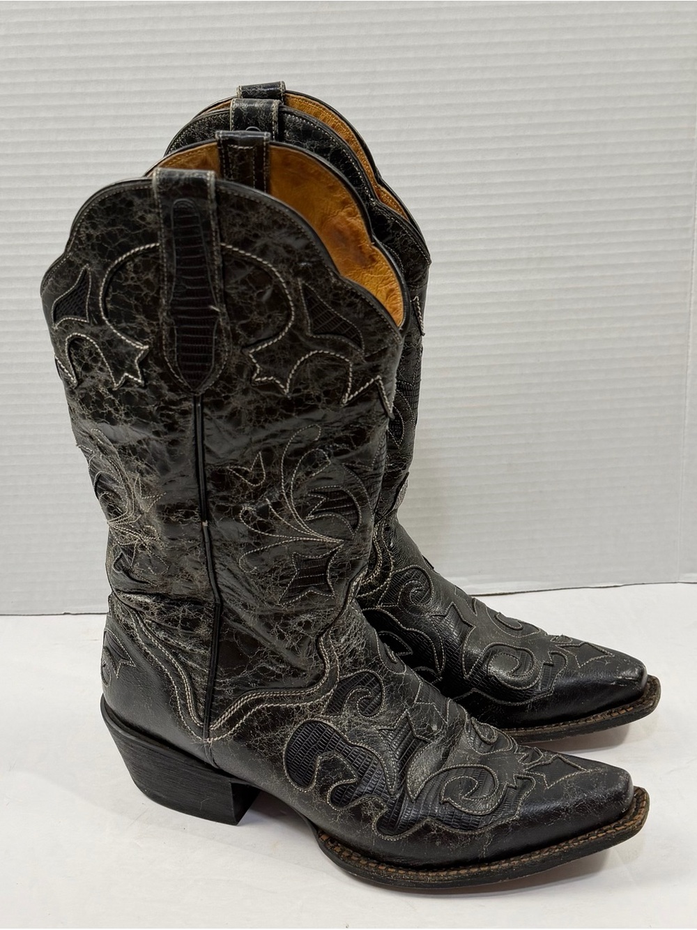 JB Dillon Distressed Black Goat Leather Western Boots Sz 8